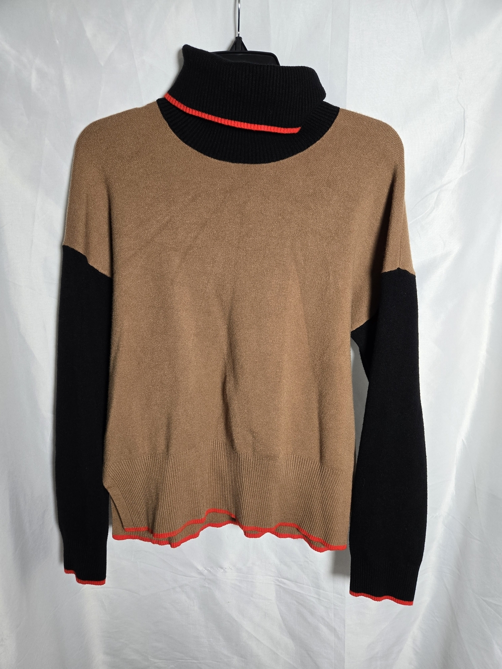 Tahari Two-Tone Turtleneck Sweater in Tan, Black & Red Trim